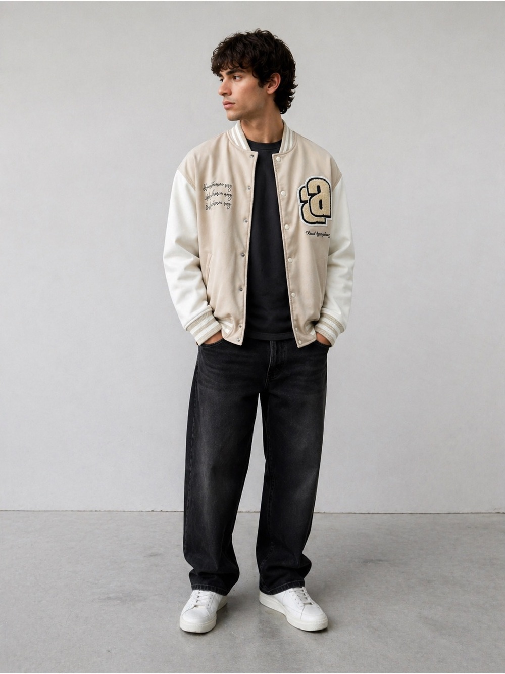 ZARA Beige Varsity Bomber Jacket Letterman Style Size S